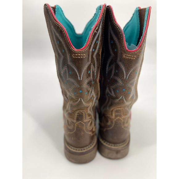 JUSTIN Womens 7 Cowboy Western Boot Brow Red turquoise Stretch Plus Size Square - Picture 5 of 7